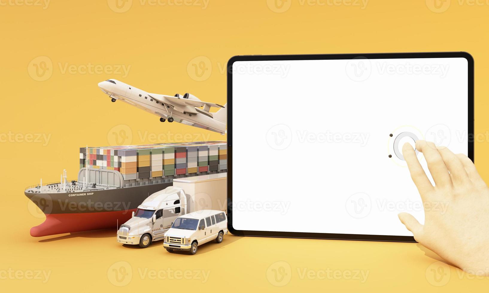 international transport shipping concept with tablet screen VR surrounded by cardboard boxes, a cargo container ship, a flying plane, a van and a truck isolated on yellow background 3D rendering photo