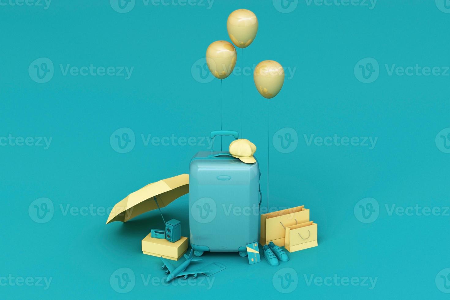 Suitcase with traveler accessories on pastel background. travel concept. 3d rendering photo