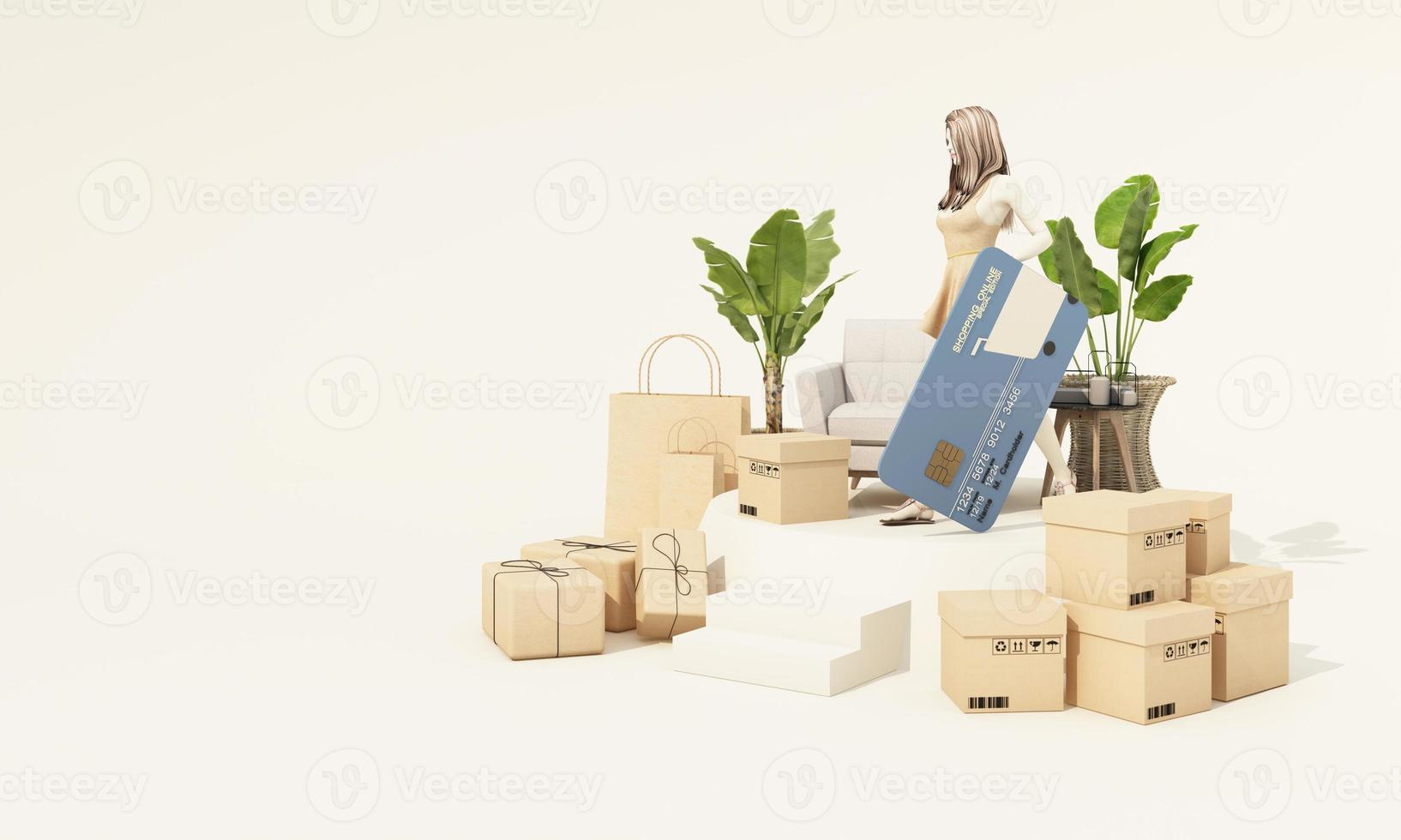 young women model at home. Payment online concept. Shopping Online hand to hold credit card with parcel box, shopping bag cardboard box isolated white background with copy space realistic 3d render photo