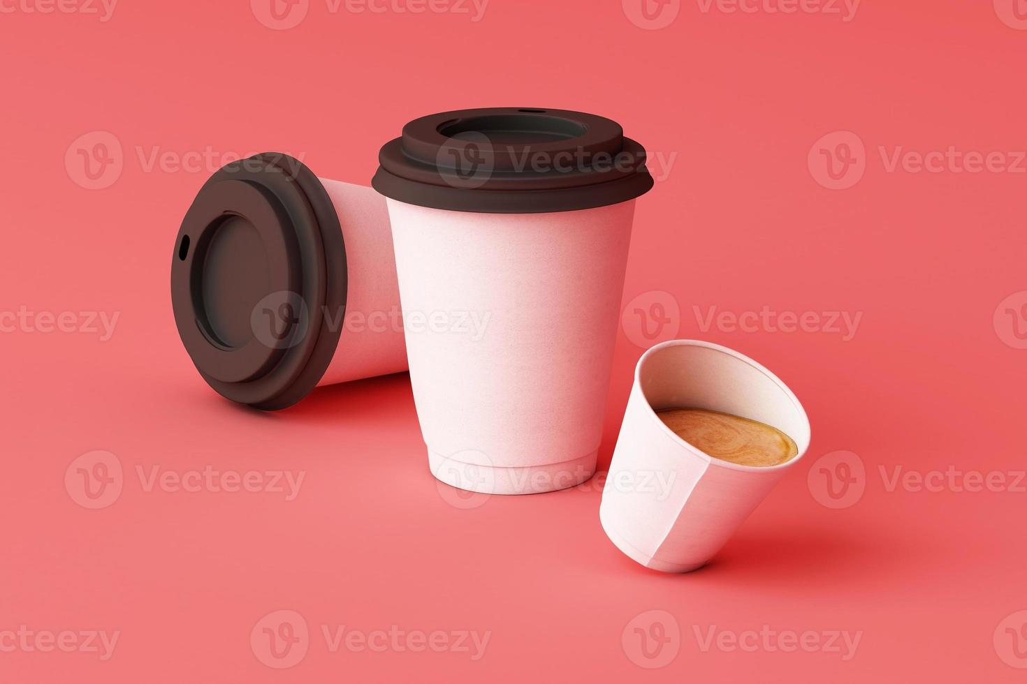 juego de tazas de café negro y bolsa sobre fondo pastel. representación 3d foto