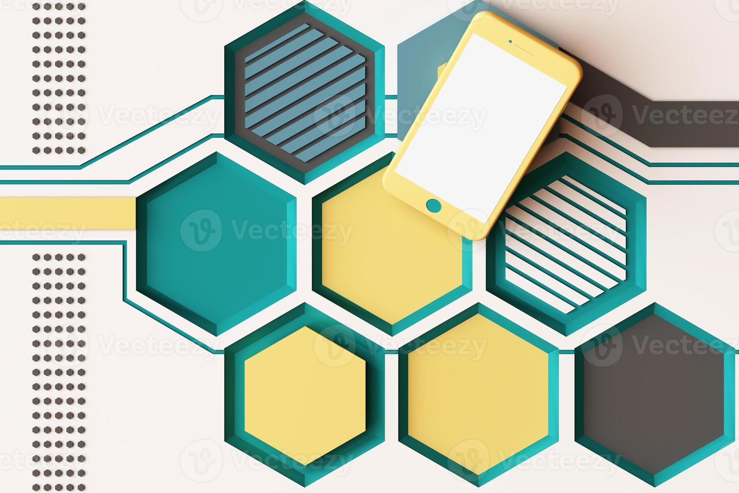 Smartphone with technology concept, Abstract composition of geometric shapes platforms in orange and pastel color. 3d rendering photo