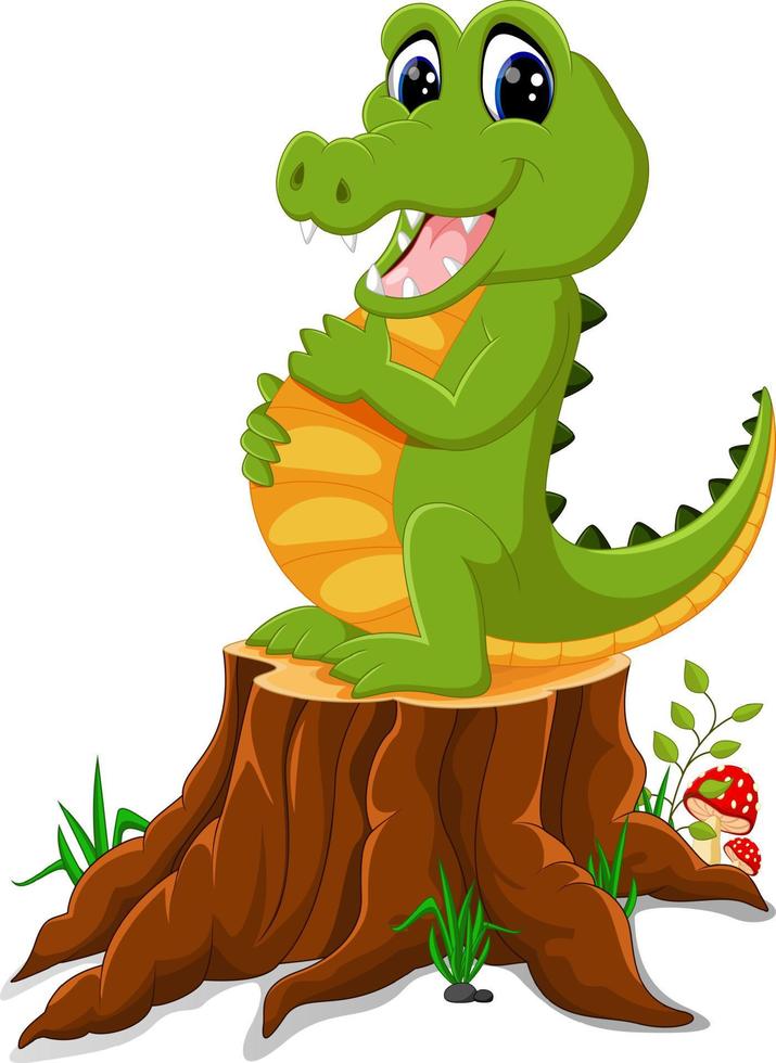 Cartoon crocodile posing on tree stump vector