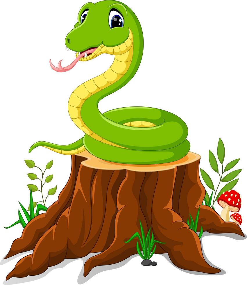 caricatura, divertido, serpiente, en, tocón de árbol vector