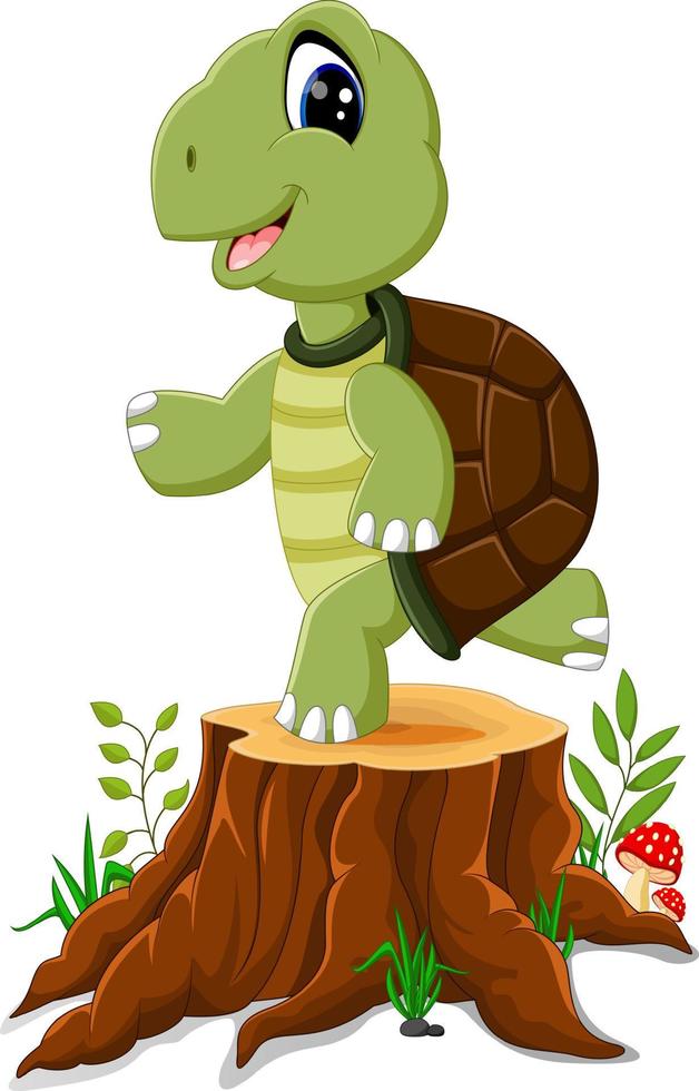Cartoon turtle posing on tree stump vector