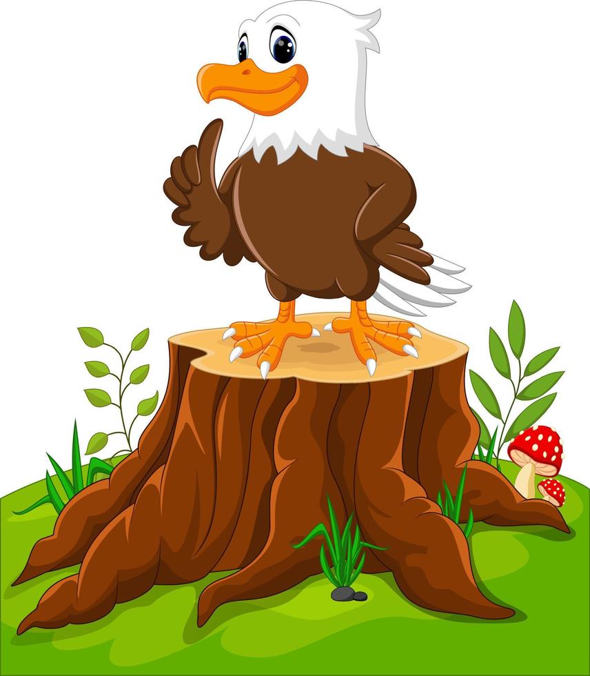 Cute eagle cartoon on tree stump vector