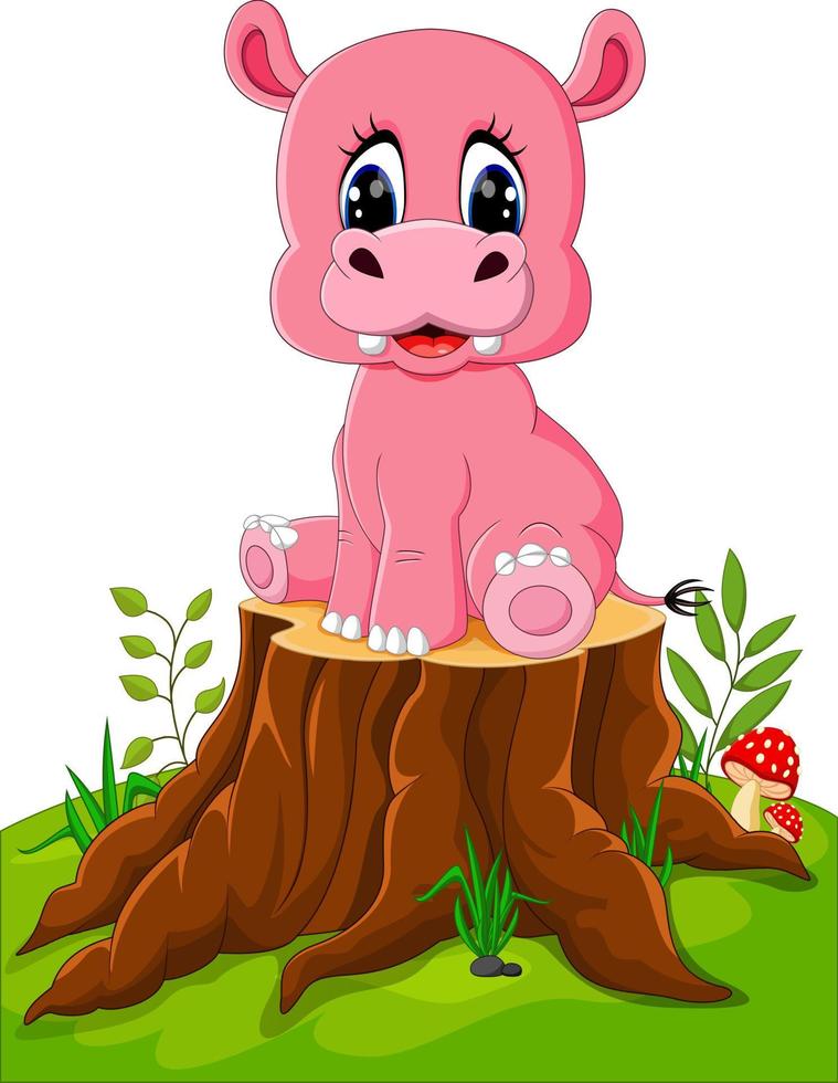 caricatura, lindo, bebé, hipopótamo, en, tocón de árbol vector