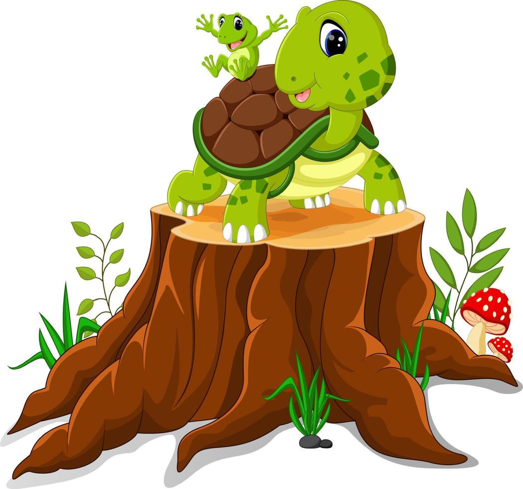 Cartoon turtle and frog posing on tree stump vector