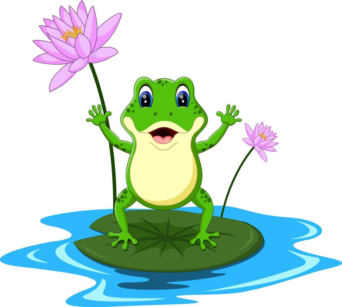 funny Green frog cartoon sitting on a leaf vector