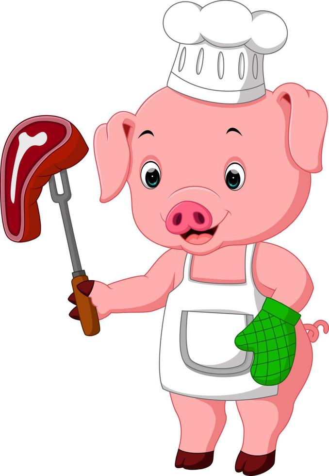 Pig Chef with roasted steak vector