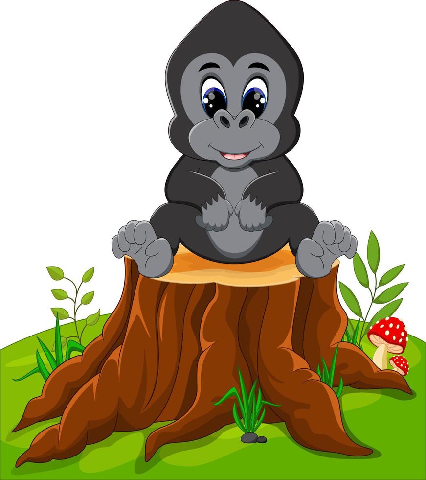 Cute baby gorilla sitting on tree stump vector