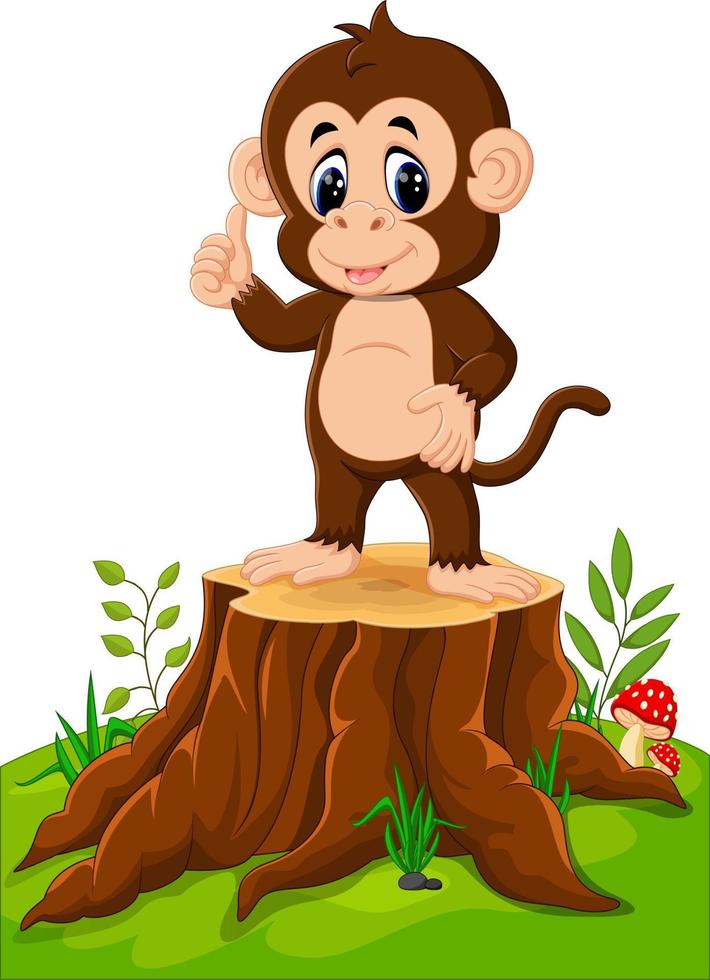 Cartoon happy monkey presenting on tree stump vector