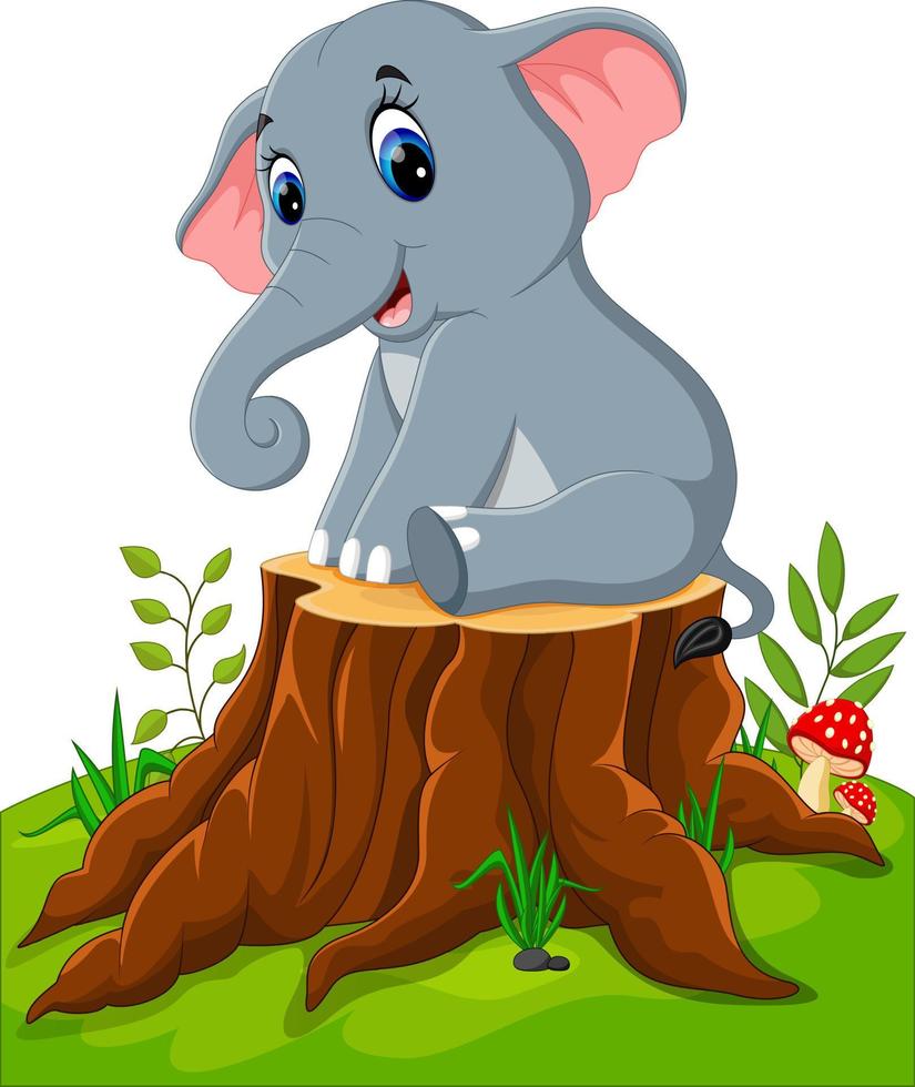 Cartoon cute baby elephant on tree stump vector