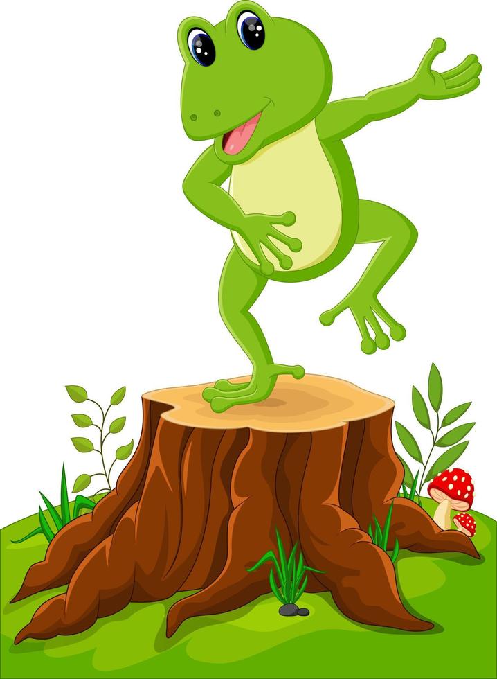 Cartoon funny frog sitting on tree stump vector