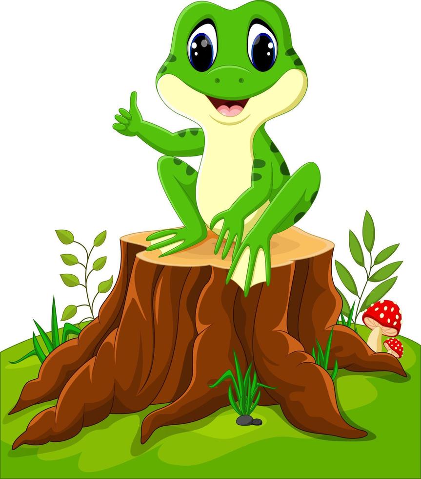 Cartoon funny frog sitting on tree stump vector