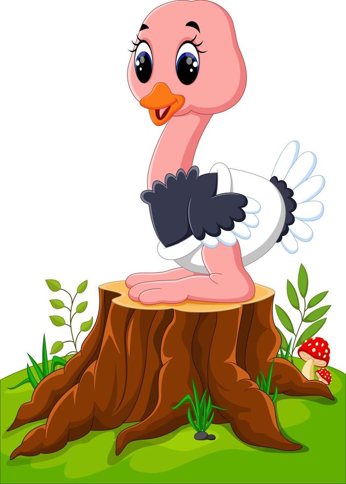 Cartoon happy ostrich sitting on tree stump vector