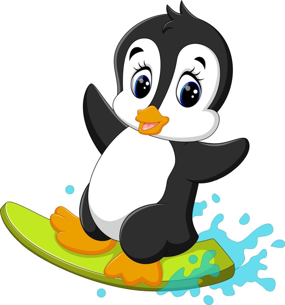 ilustración de dibujos animados lindo pingüino surf vector