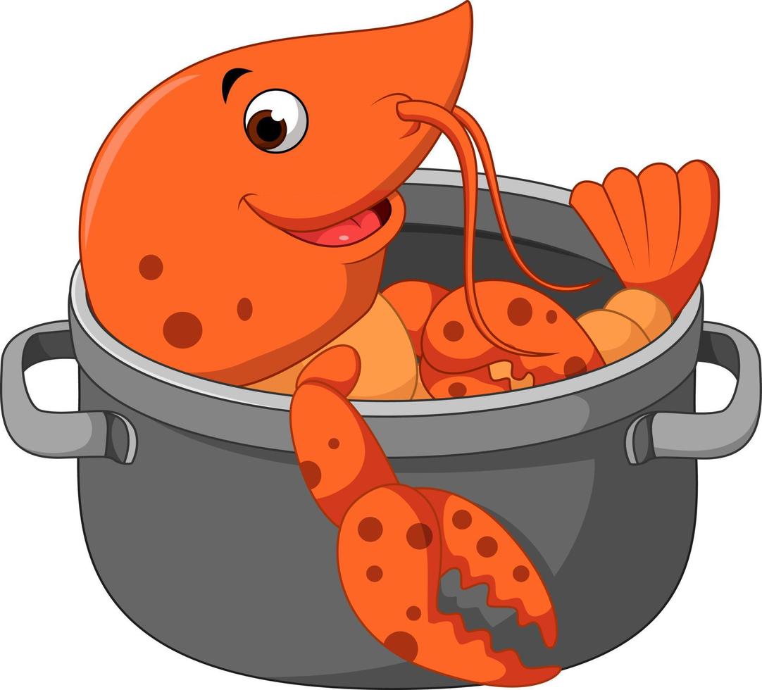 Cartoon funny lobster being cooked in a pan vector
