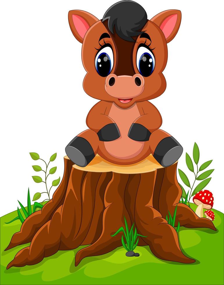 Cartoon horse sitting on tree stump vector