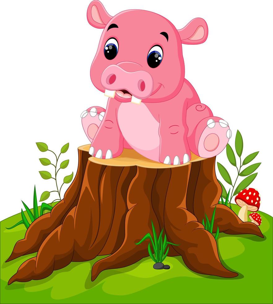 Cartoon cute baby hippo on tree stump vector