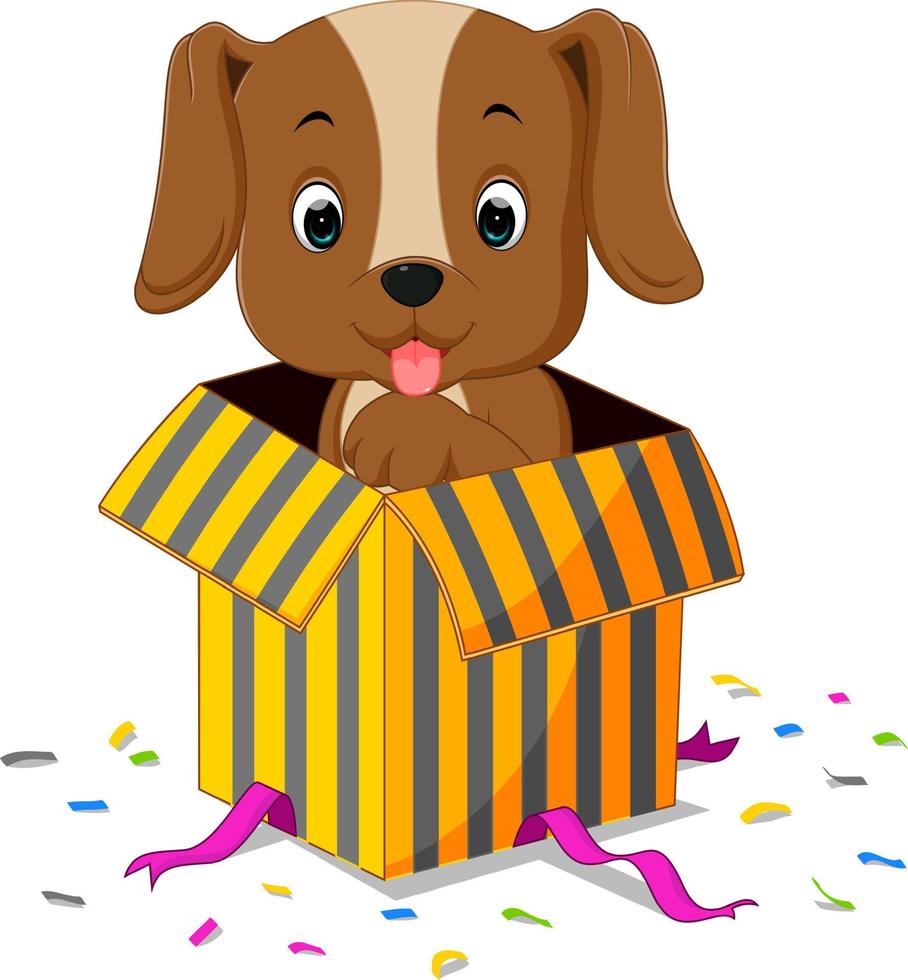 caricatura de perro saliendo de caja de regalo vector