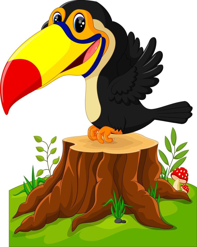 Cartoon happy toucan on tree stump vector