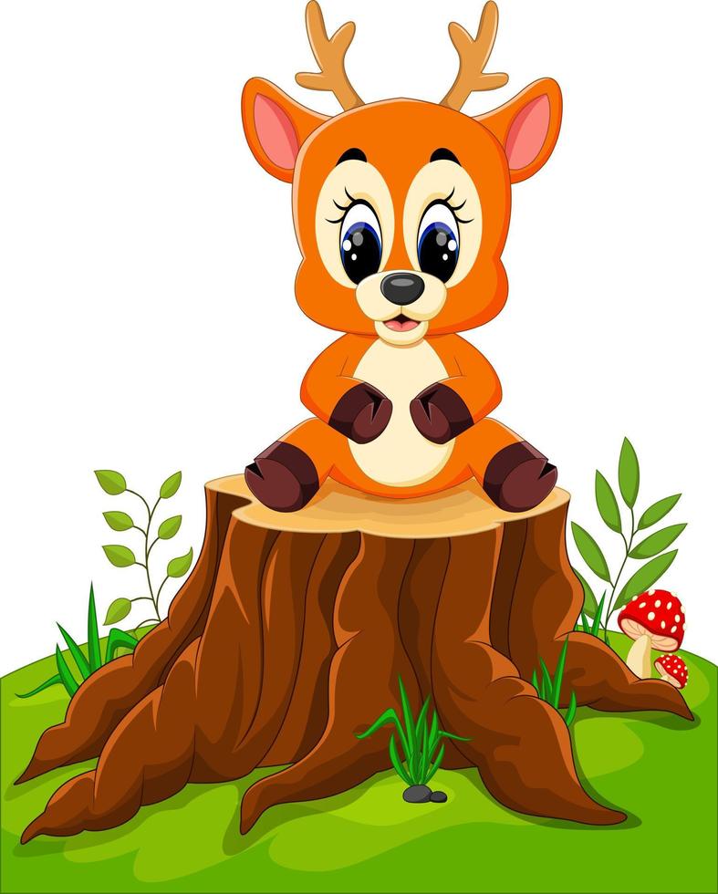 Cartoon deer posing on tree stump vector