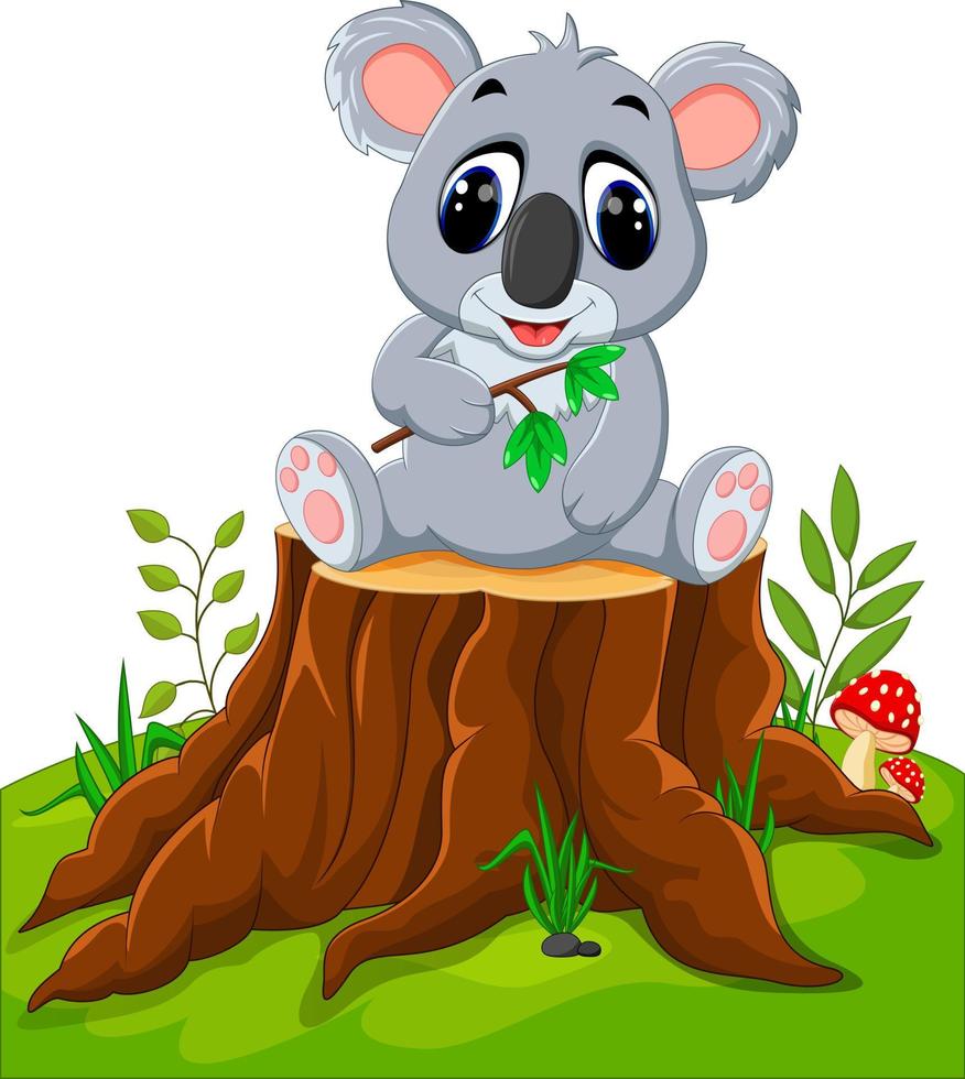 koala de dibujos animados posando en tocón de árbol vector