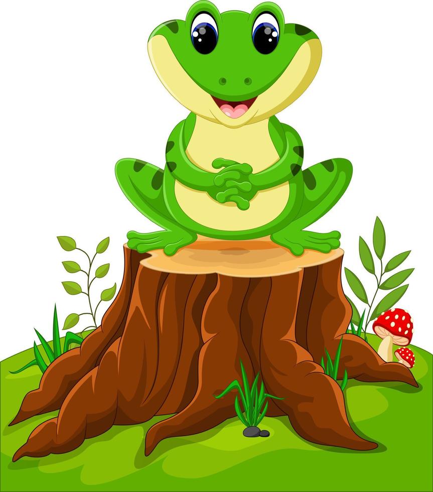 Cartoon funny frog sitting on tree stump vector