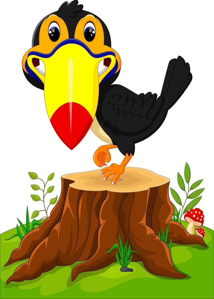 Cartoon happy toucan on tree stump vector