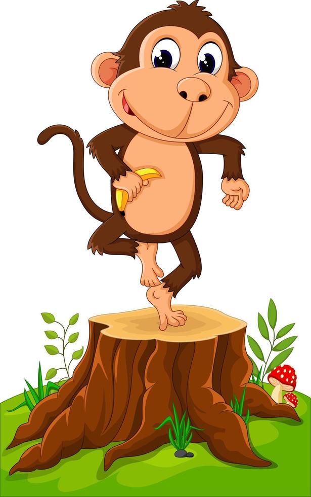 Cartoon funny monkey holding banana on tree stump vector