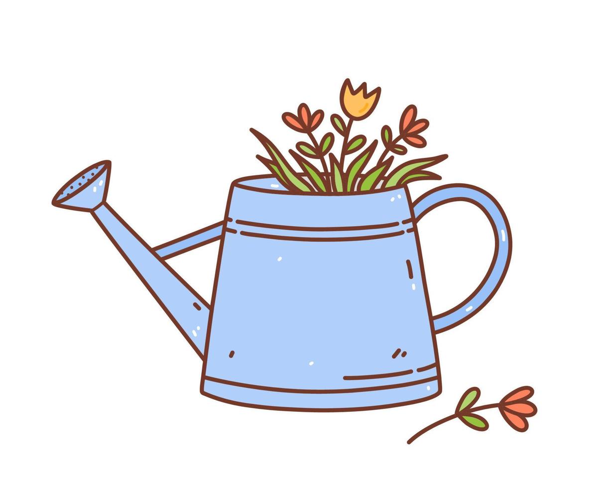Cute spring flowers in a watering can isolated on white background. Vector hand-drawn illustration in doodle style. Perfect for cards, invitations, decorations, logo, various designs.