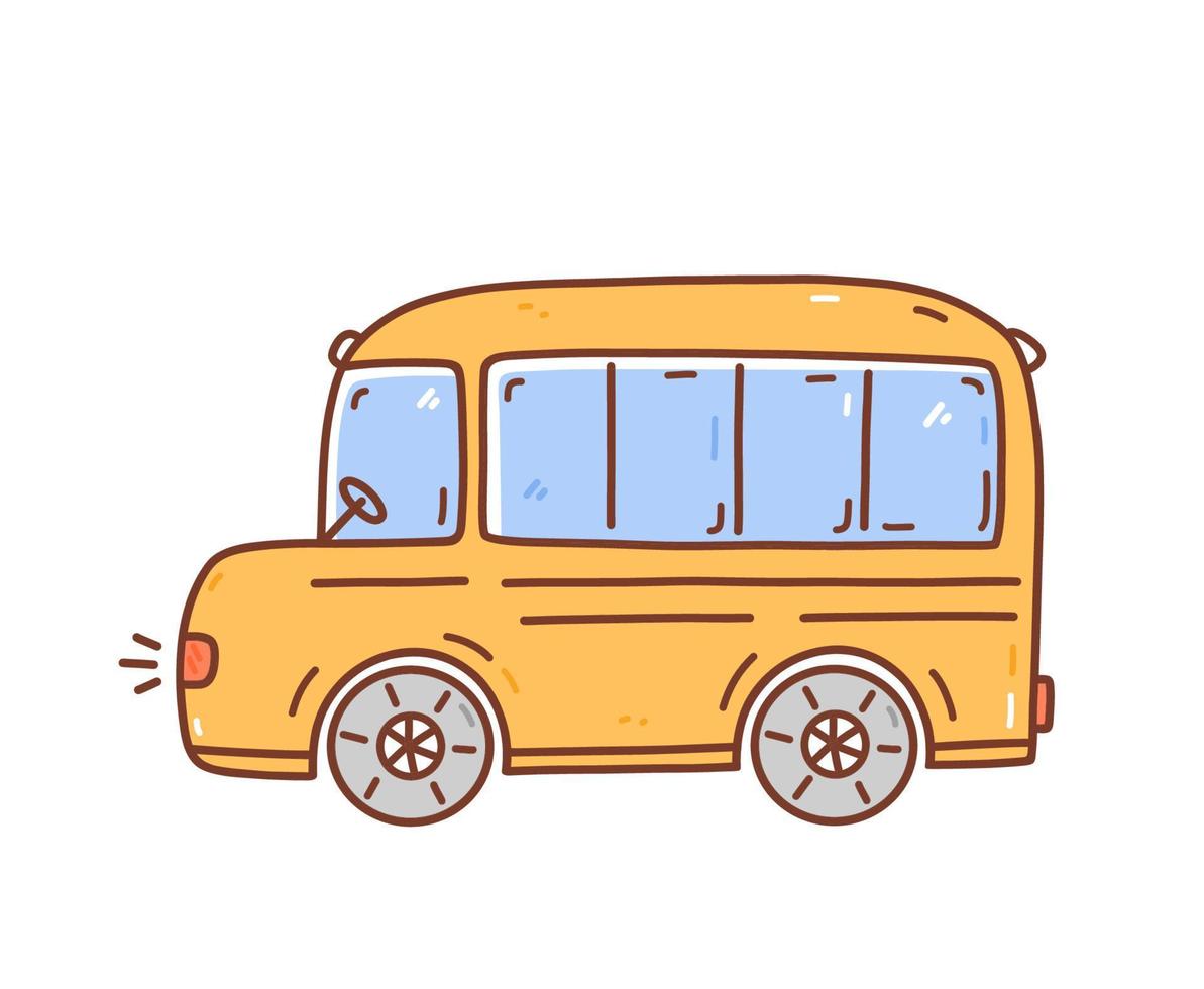 Yellow cartoon school bus isolated on white background. Vector hand-drawn illustration in doodle style. Perfect for cards, decorations, logo, various designs.