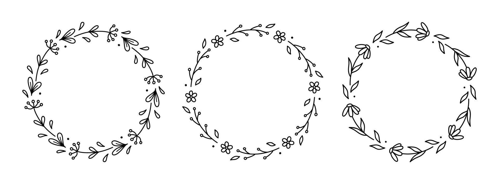 conjunto de coronas florales de primavera aisladas sobre fondo blanco. marcos redondos con flores. ilustración vectorial dibujada a mano en estilo garabato. perfecto para tarjetas, invitaciones, decoraciones, logotipos, varios diseños vector