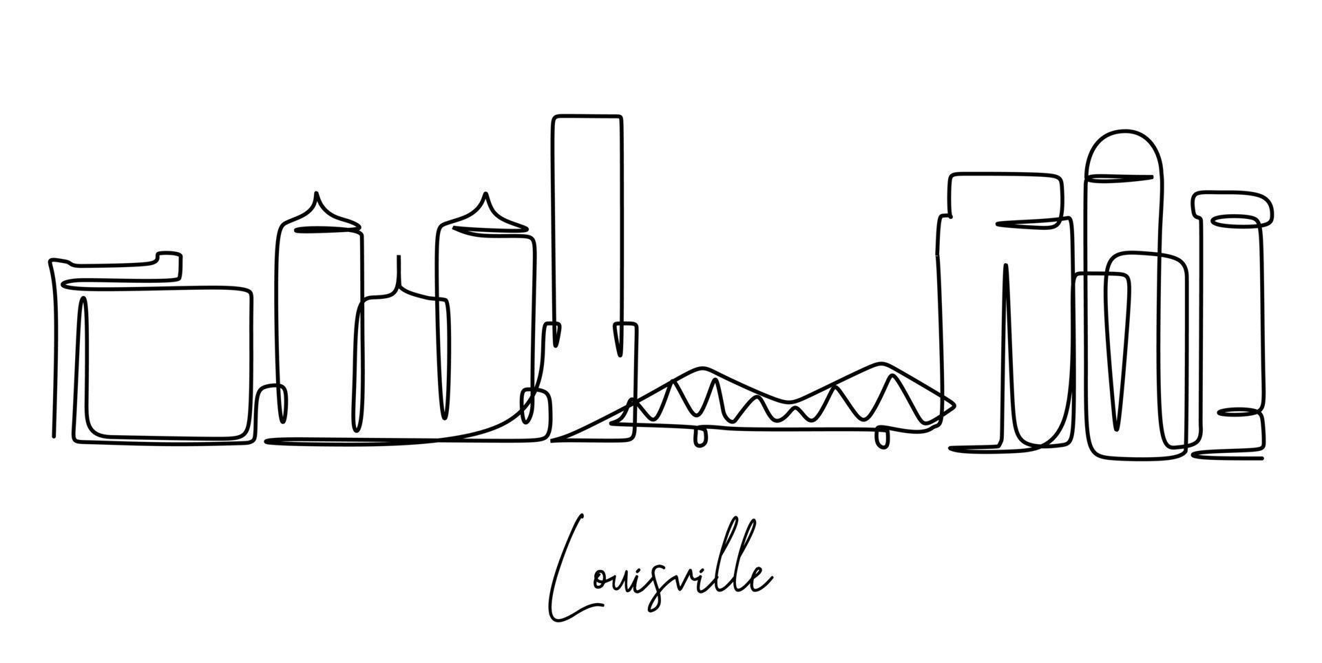 Single continuous line drawing of city skyline Louisville United States. Famous city for wall decor print. World travel concept. Editable stroke modern one line draw design vector illustration