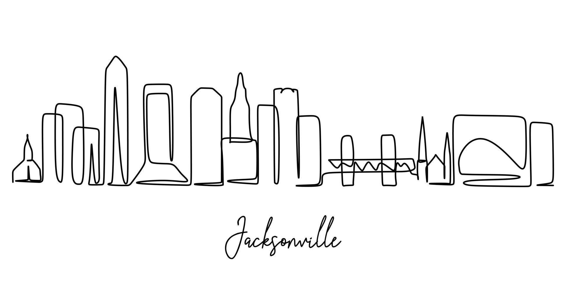 Single continuous line drawing of Jacksonville city skyline, USA. Famous city scraper and landscape. World travel concept home wall decor poster print. Modern one line draw design vector illustration