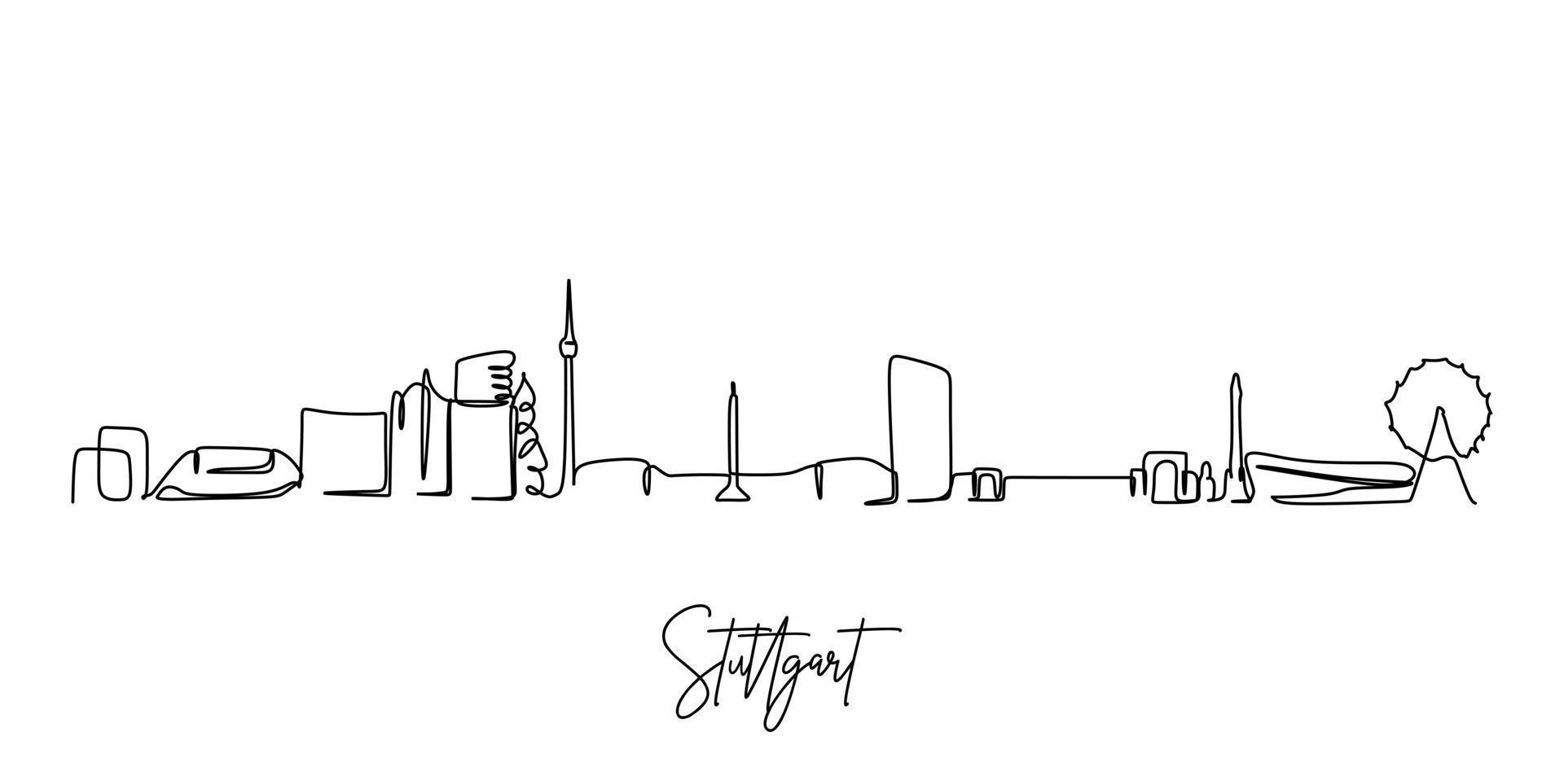 One continuous line drawing Stuttgart city skyline Germany. Beautiful skyscraper. World landscape tourism travel vacation wall decor poster concept. Stylish single line draw design vector illustration