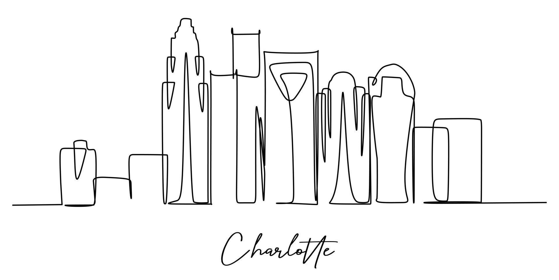 Single continuous line drawing of Charlotte city skyline, USA. Famous city scraper and landscape. World travel concept home wall decor poster print art. Modern one line draw design vector illustration