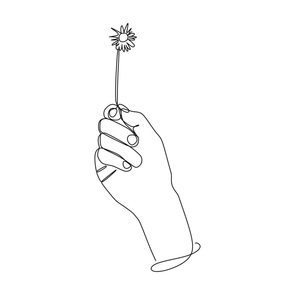 continuous line drawing of hand holding dandelion seeds. Hand drawn style design for relationship and love concept. vector