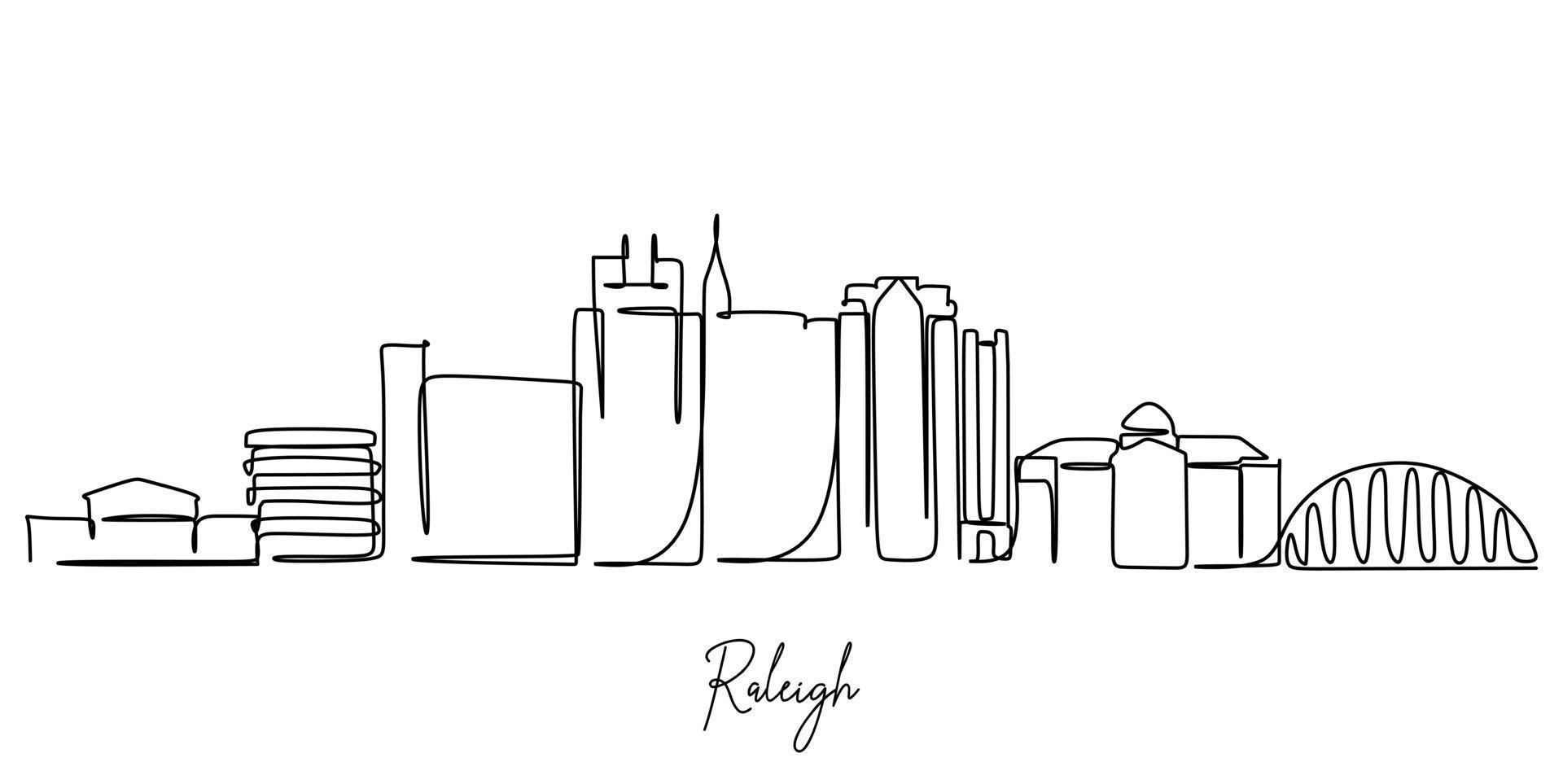 dibujo de trazo continuo del horizonte de la ciudad de raleigh carolina del norte. hermoso hito. Impresión de carteles de vacaciones de viajes de turismo de paisaje mundial. diseño de dibujo de una sola línea de trazo elegante editable vector