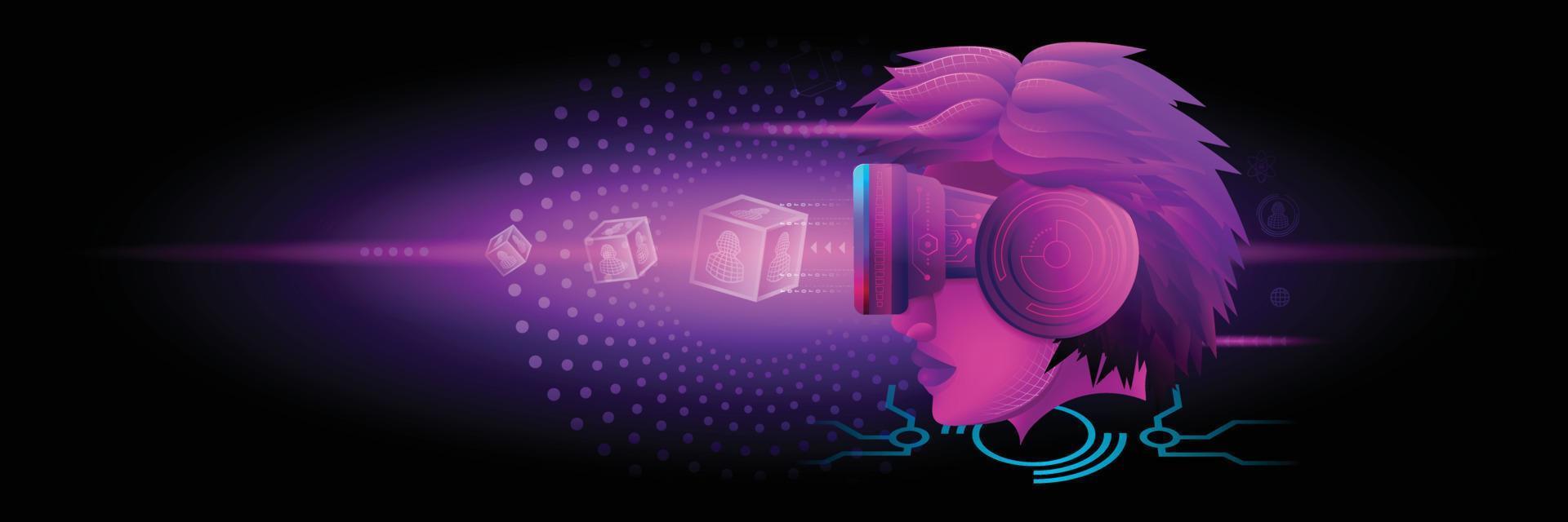 Banner of Metaverse Technology concept. A Woman head facing to use VR virtual reality goggle for experiences of metaverse virtual world vector