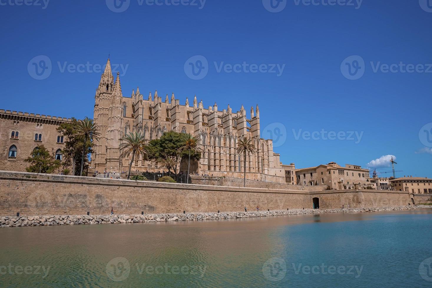 View of canal and gothic style La Seu Cathedral against clear blue sky photo
