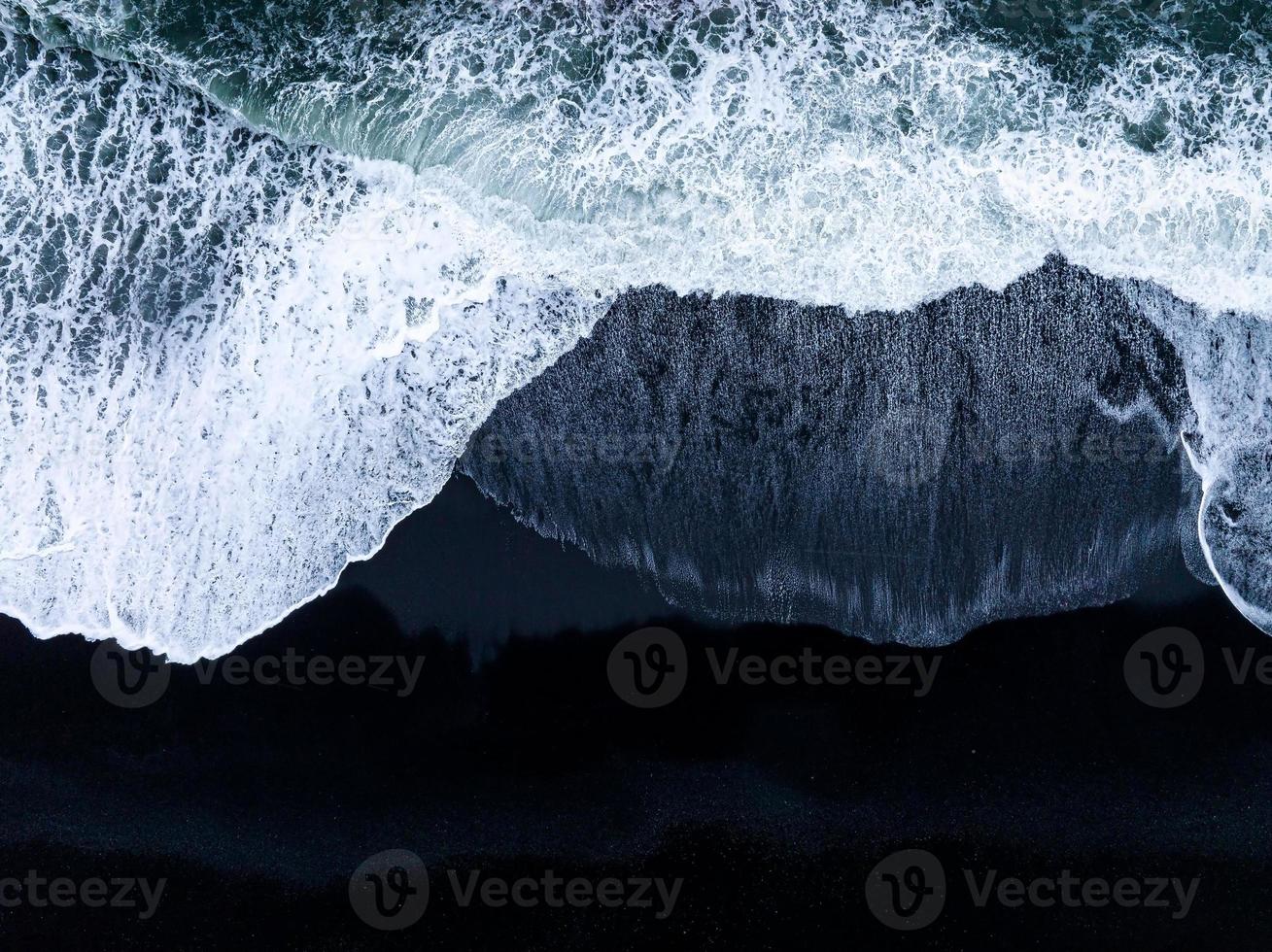 Iceland black sand beach with huge waves at Reynisfjara Vik. photo