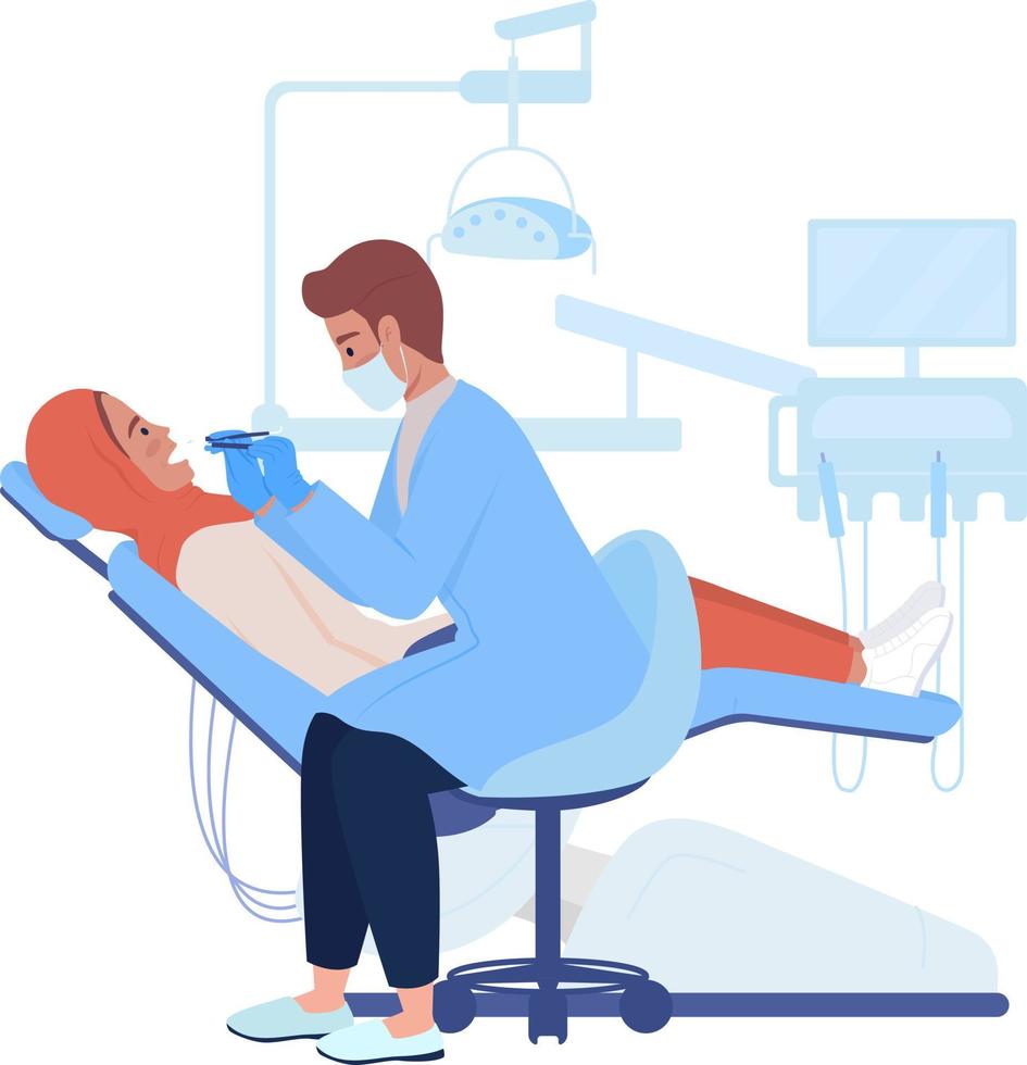Dentist examining patient oral cavity semi flat color vector characters