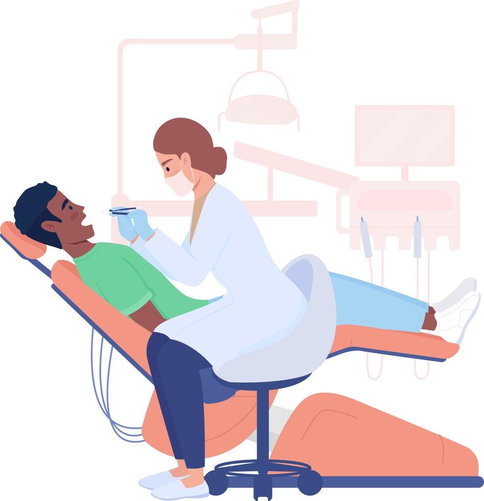 Patient with teeth pain and dentist semi flat color vector characters