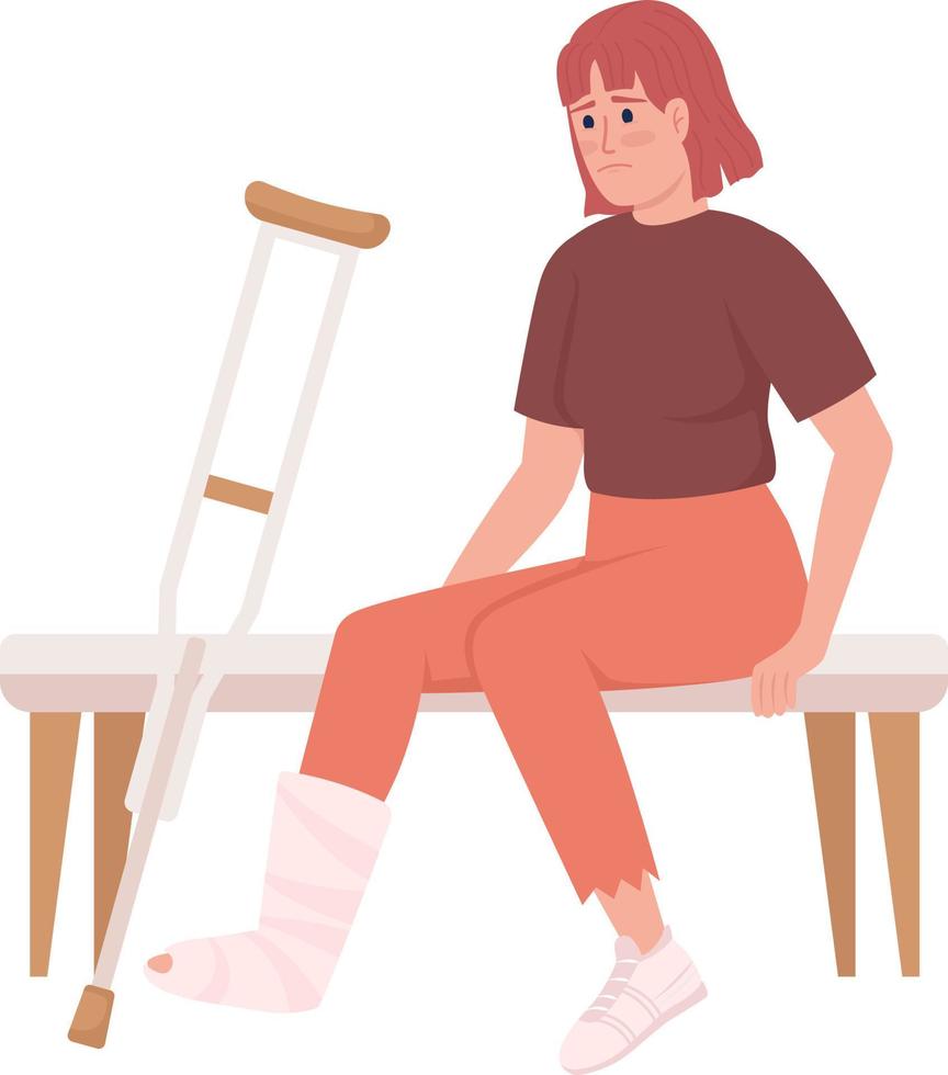 Woman with broken leg and crutch semi flat color vector character