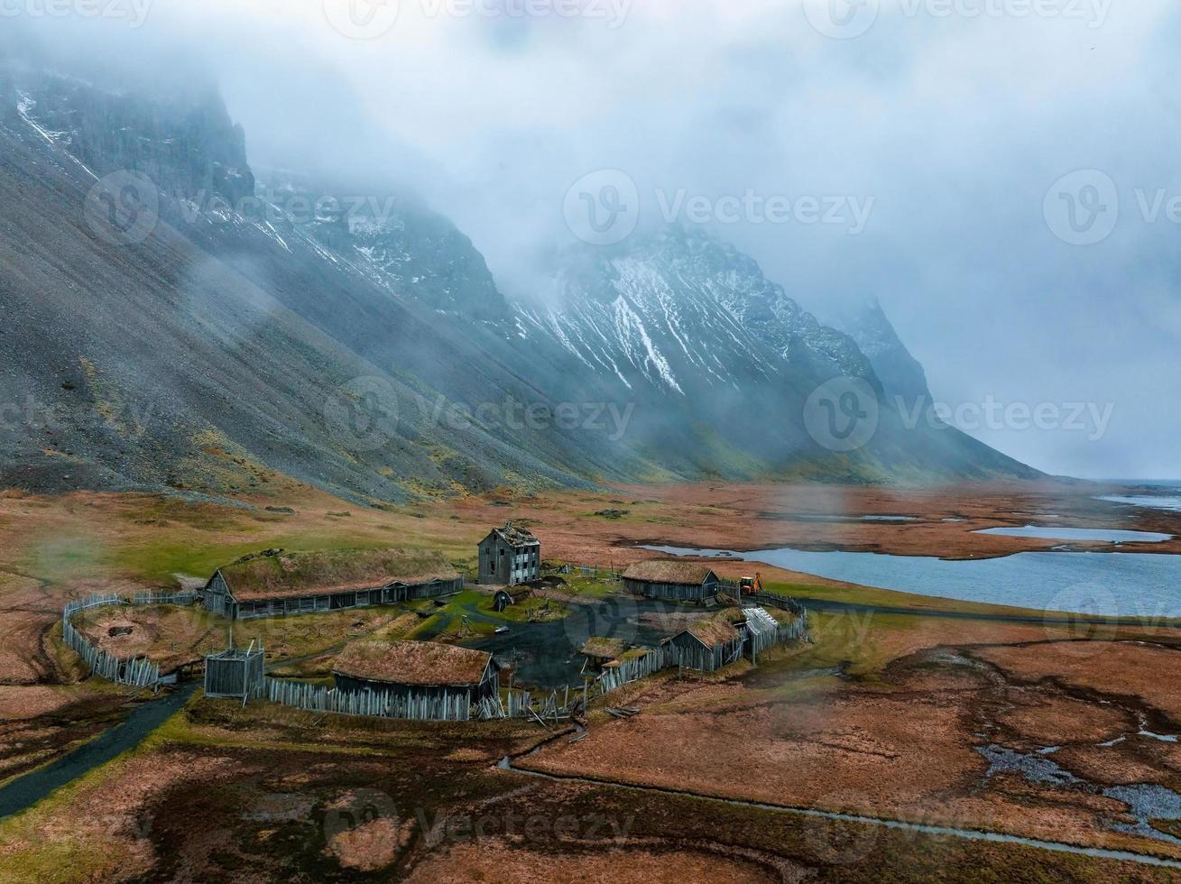 Aerial view of a viking village on a stormy rainy day in Iceland. photo