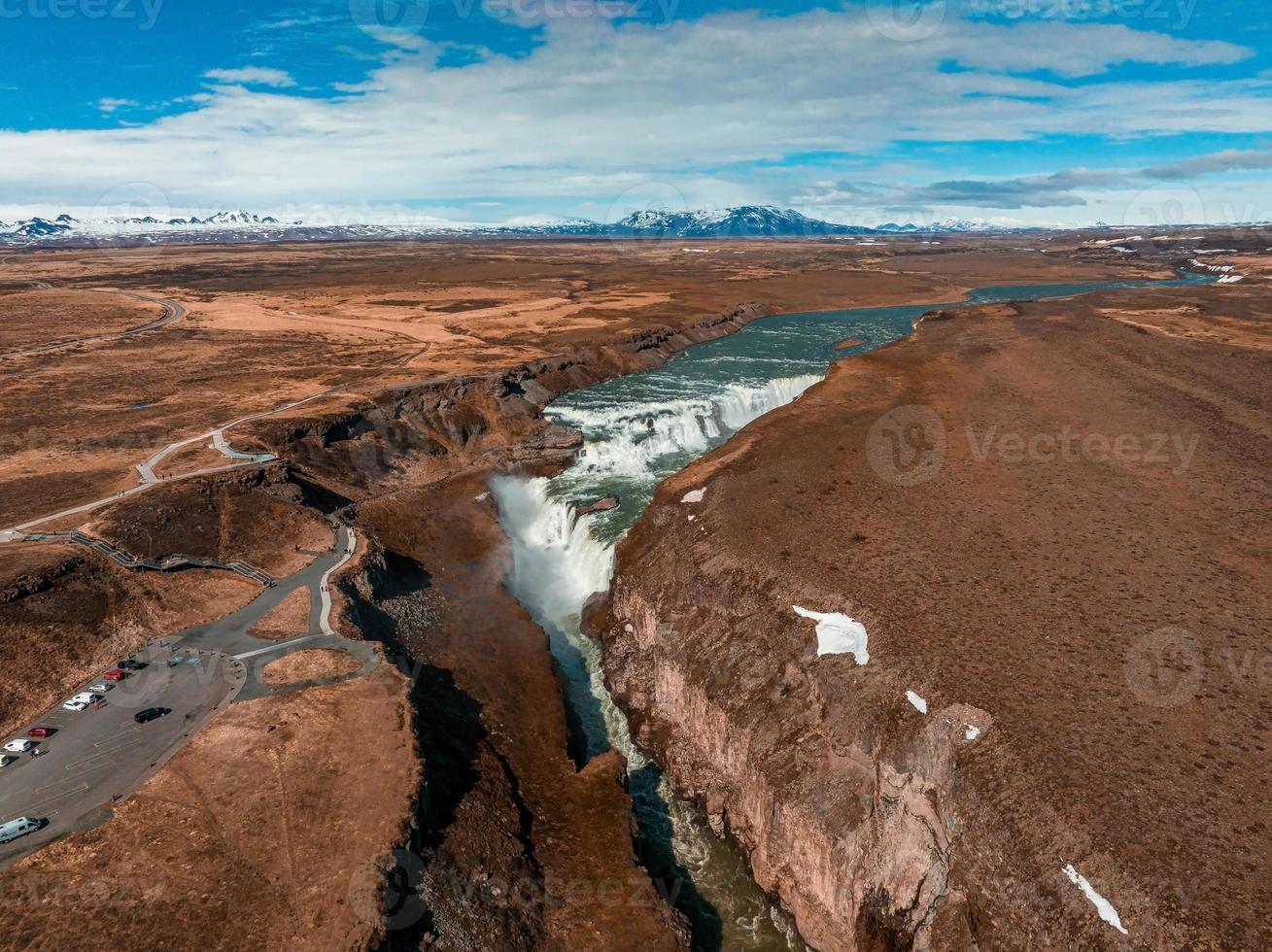 Panoramic aerial view of popular tourist destination - Gullfoss waterfall. photo