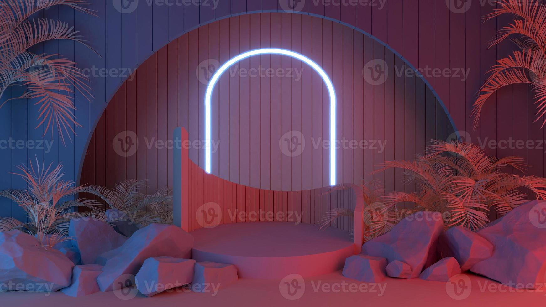 3D render dark blue and red lighting with blue neon on podium for premium product design photo