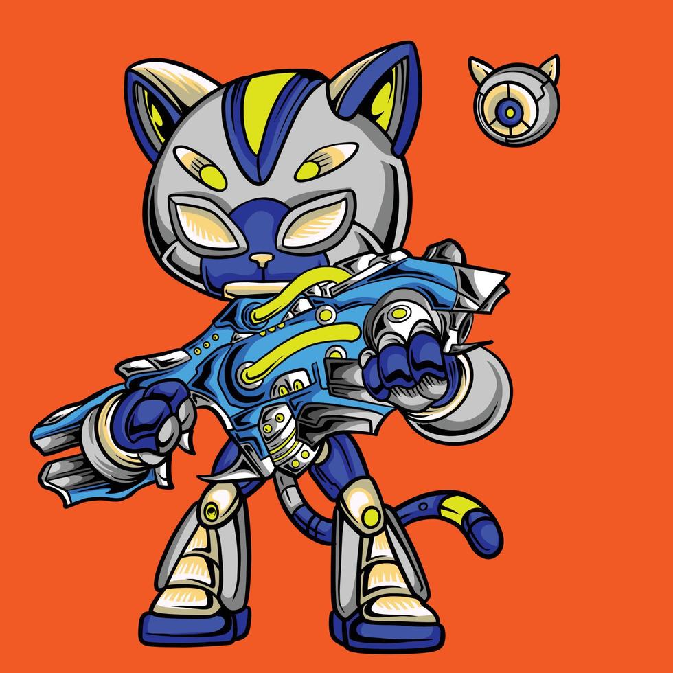 robot gato plateado con pistola vector