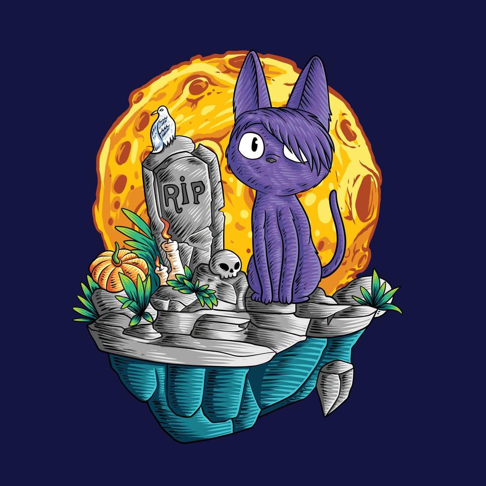 Dark cat in grave stone with moon vector